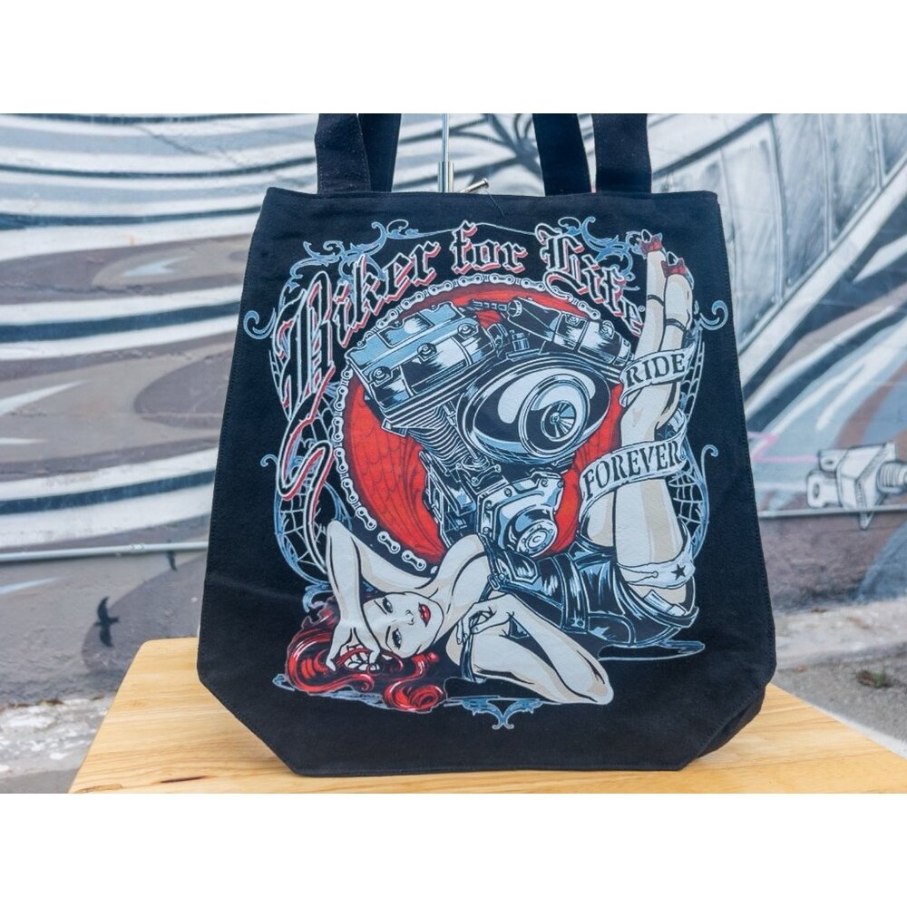 HARLEY DAVIDSON Biker For Life Vintage Tote Bag - Black With Retro Graphic Print